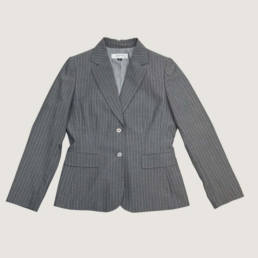 Tahari Pant Suit 8 Grey Pinstripe Arthur Levine Blazer Trousers Professional Set - Picture 2 of 14